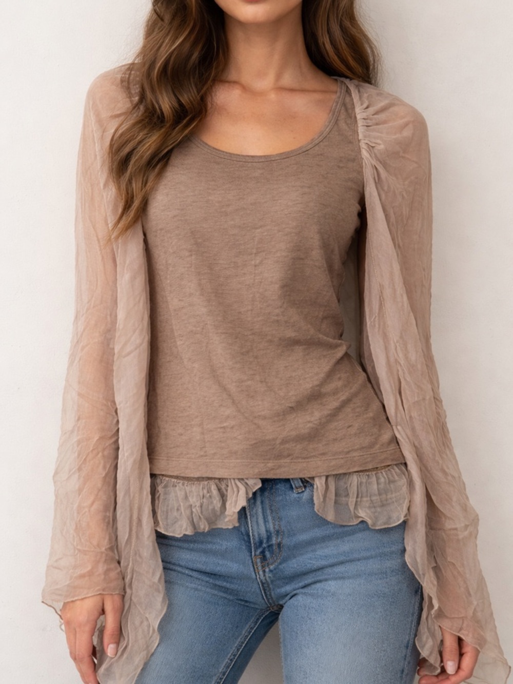 HIGH USA Sheer Sleeve Layered Blouse Taupe Ruffle Hem Women’s Size Small Italy